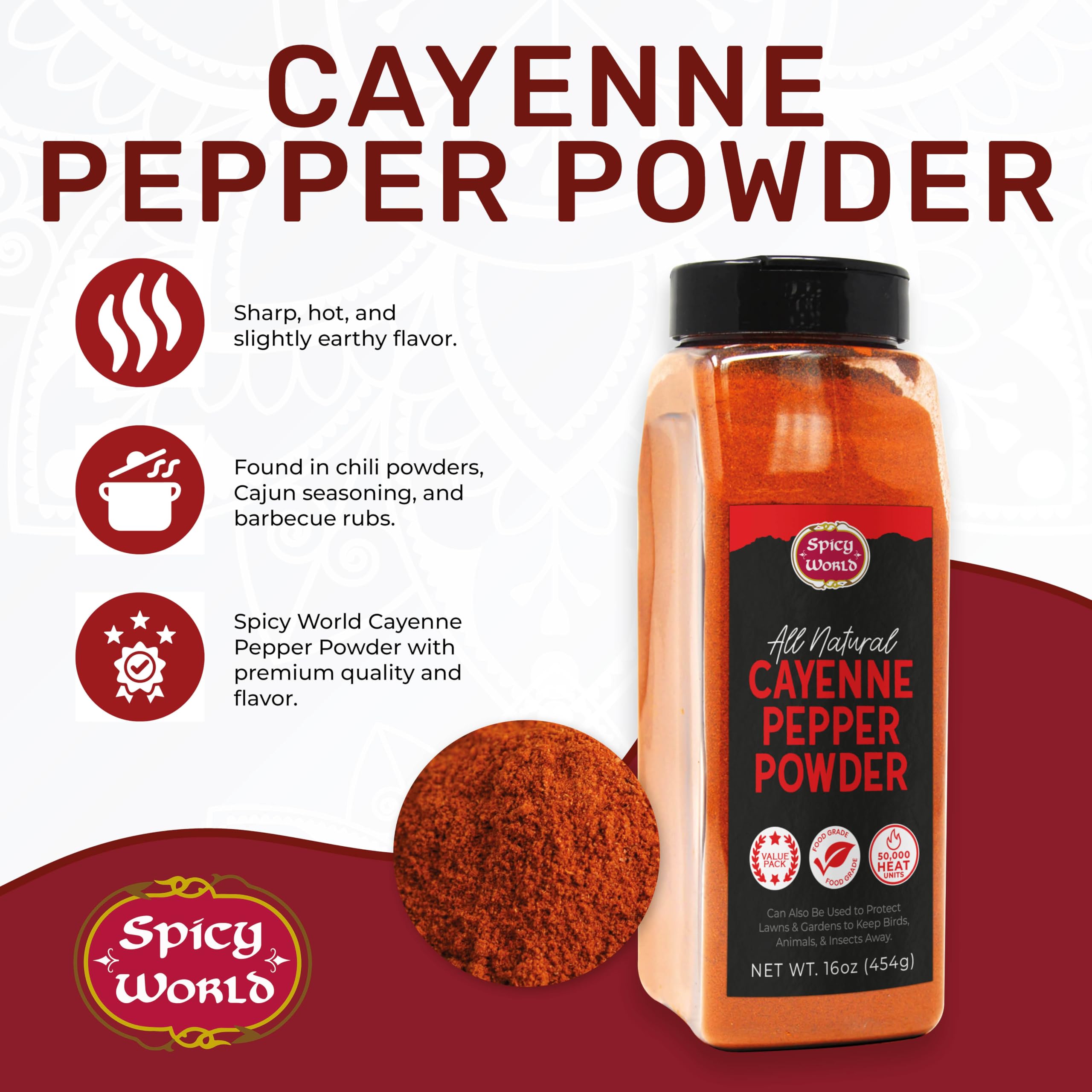 Close-up of cayenne powder texture with vibrant red hue