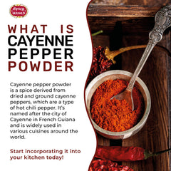 Spicy World cayenne powder being sprinkled on chili for extra heat.