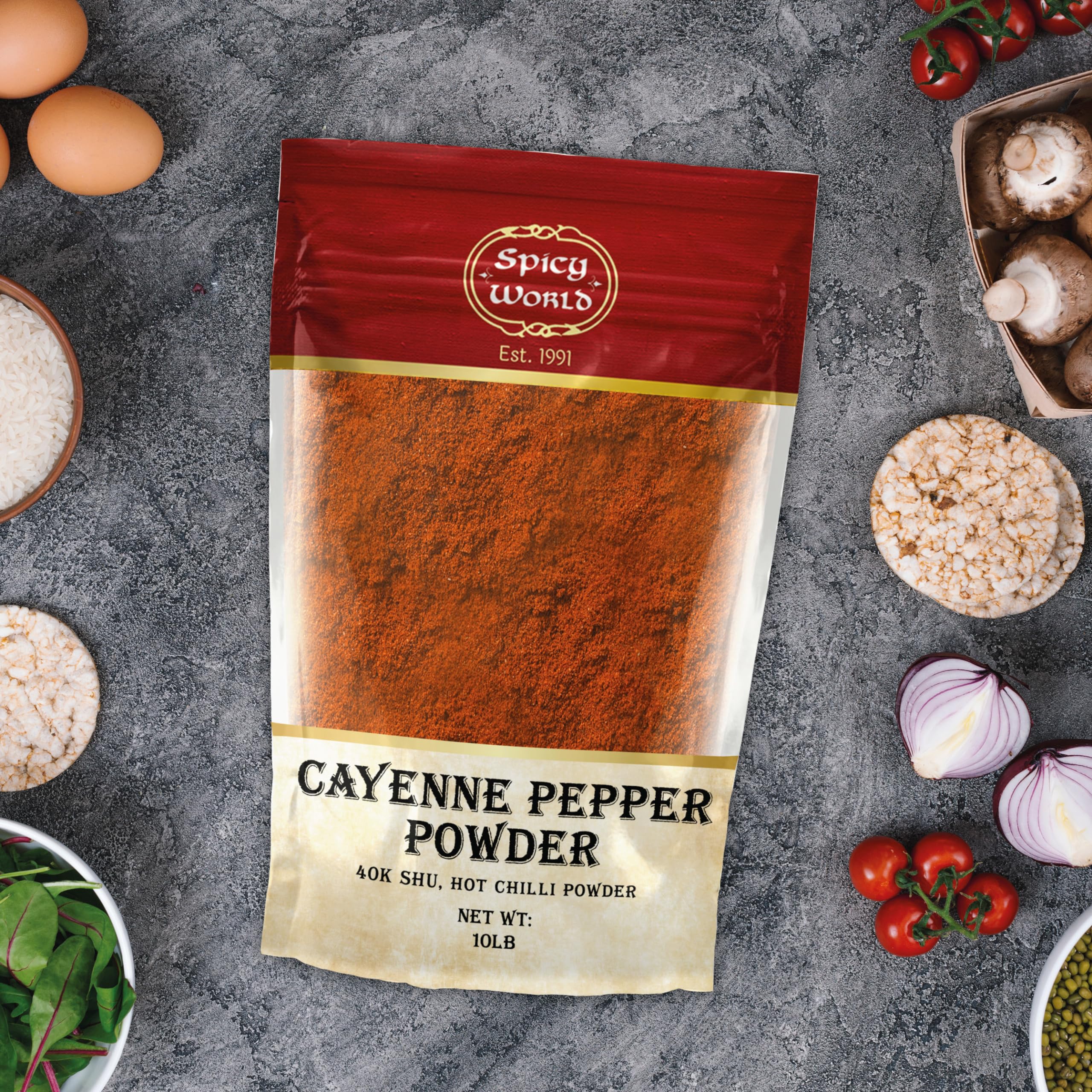Spicy World cayenne powder in a gluten-free kosher pantry setting.