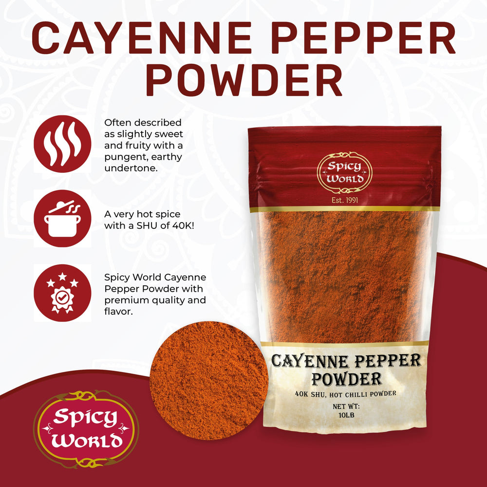 Spicy World cayenne powder jar close-up with vibrant color for soups.