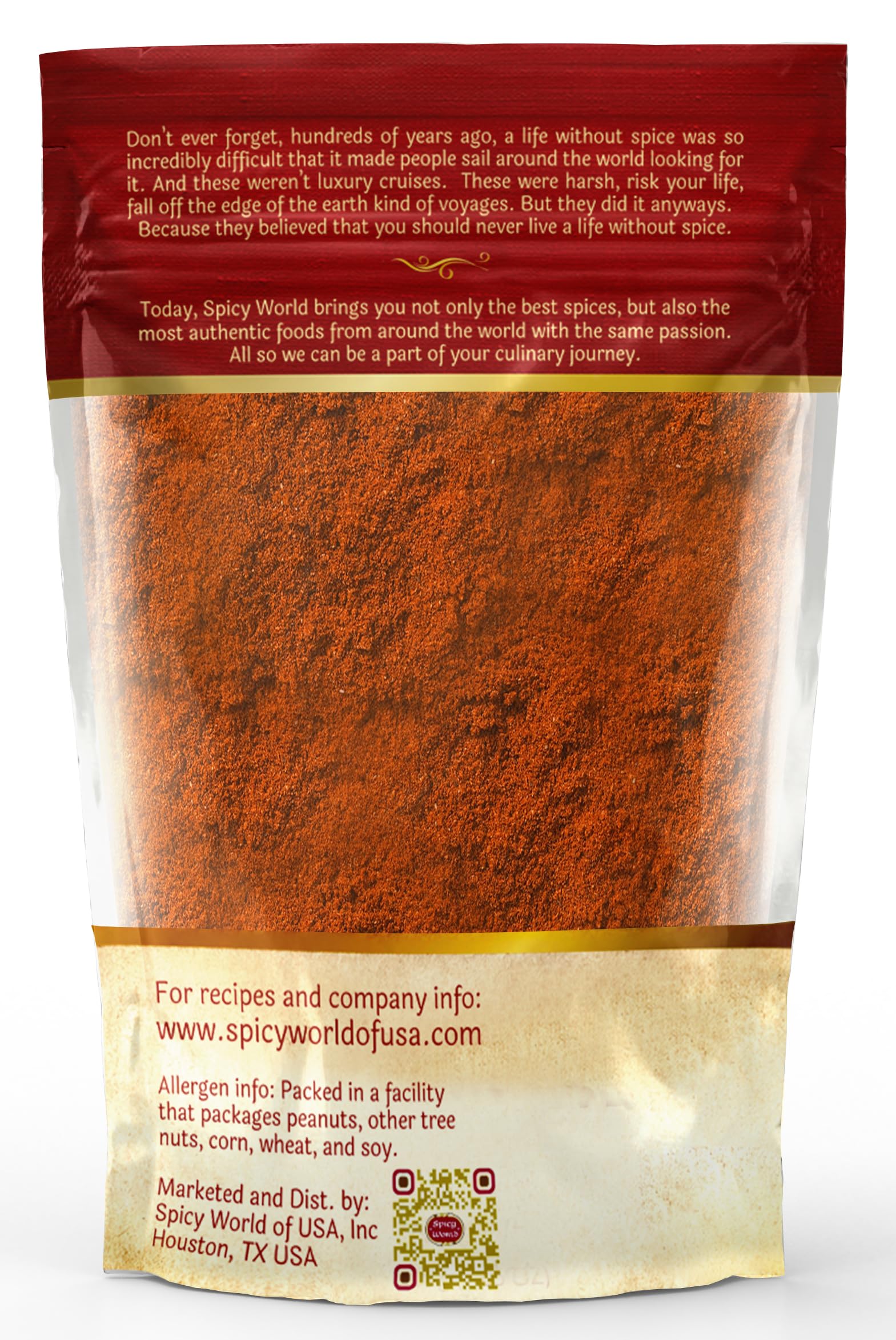 Spicy World cayenne powder on a kitchen counter beside peppers.