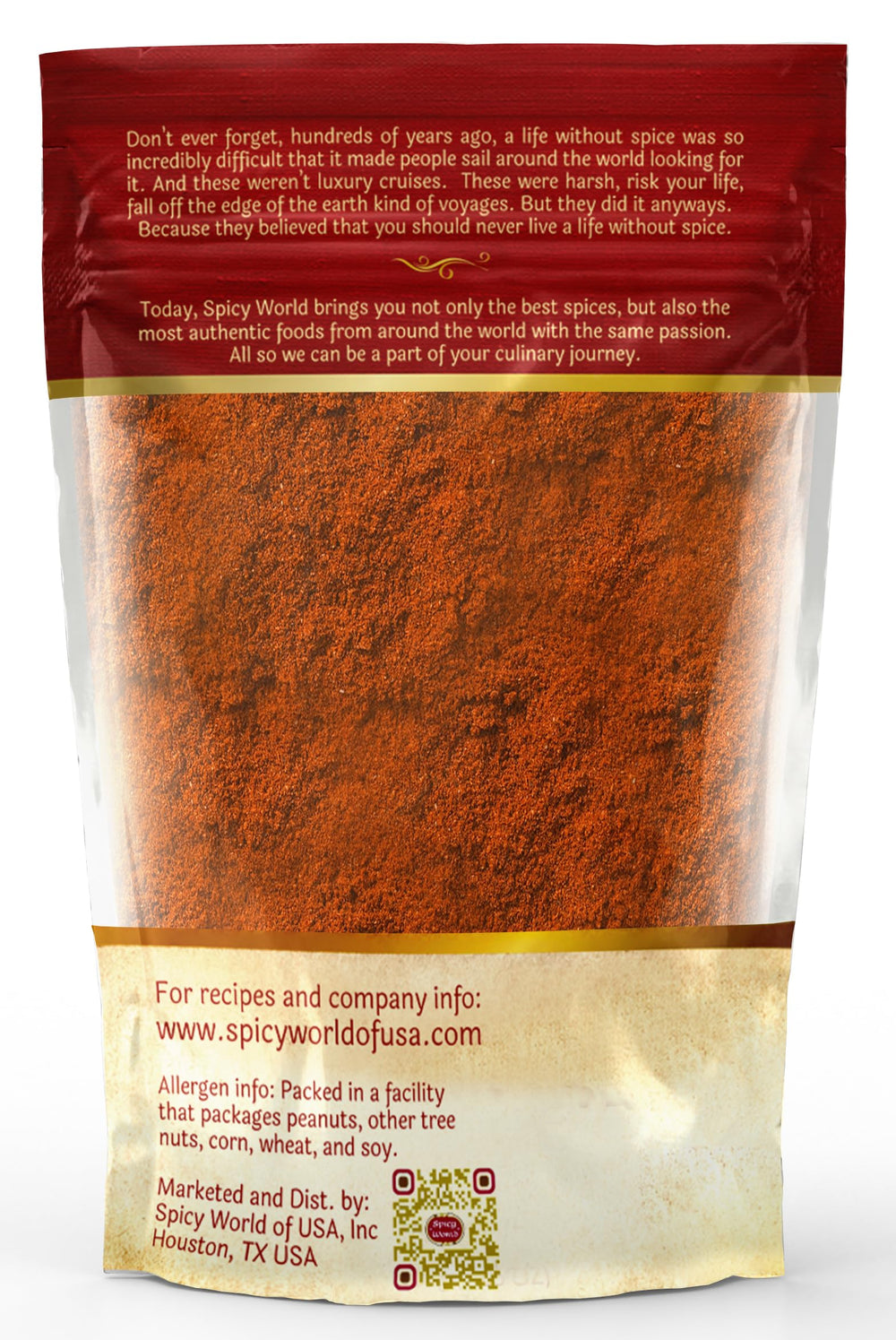 Spicy World cayenne powder on a kitchen counter beside peppers.