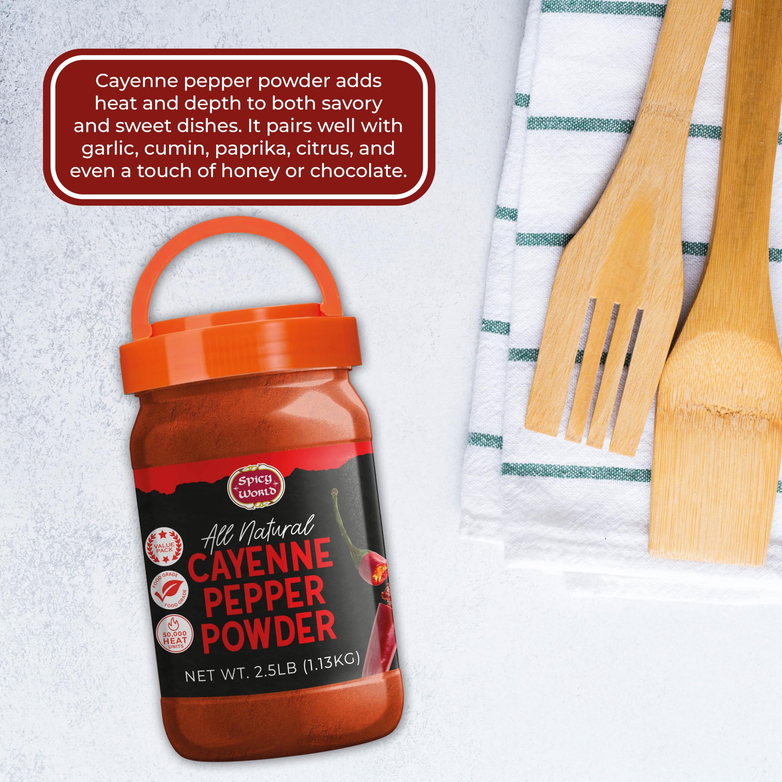 Spicy World cayenne pepper powder in kitchen settings