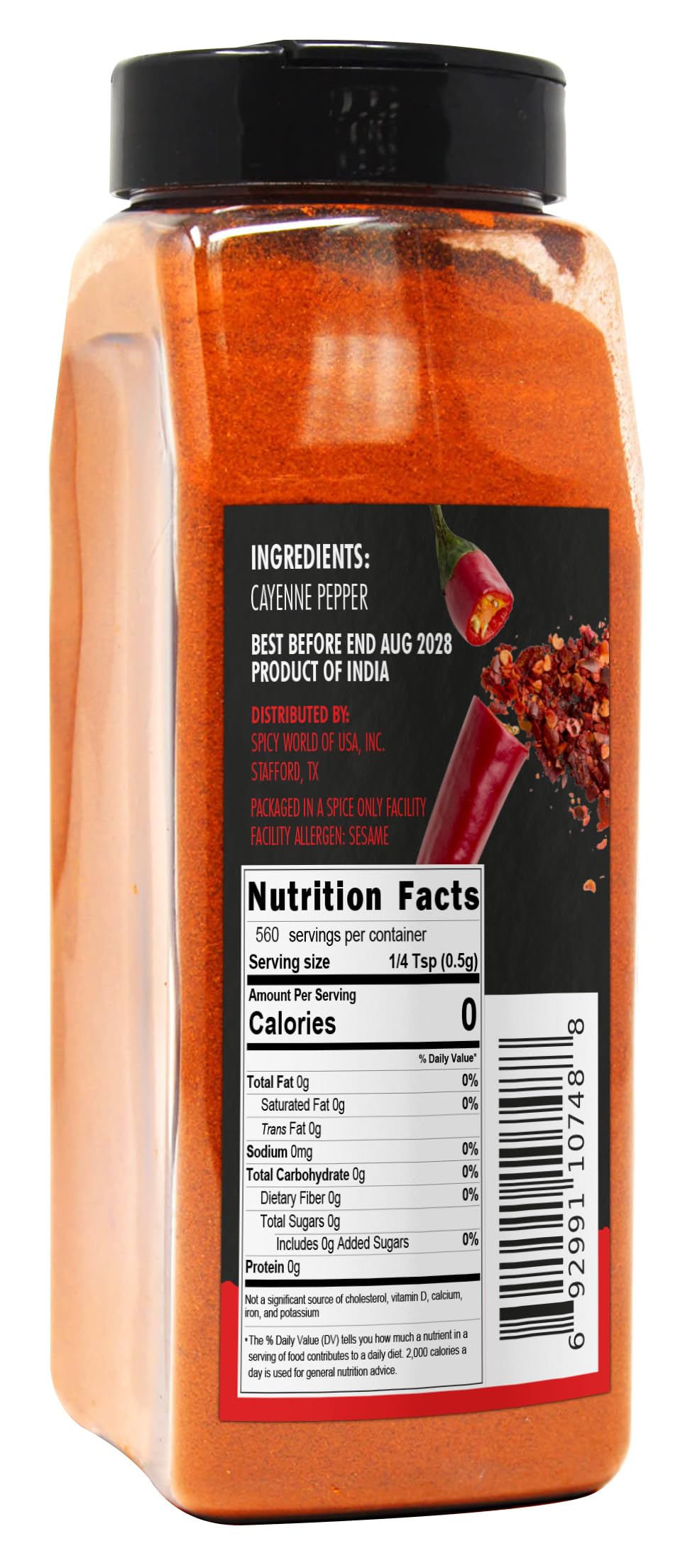 Spicy World cayenne powder pours from the jar to spice sauces and rubs