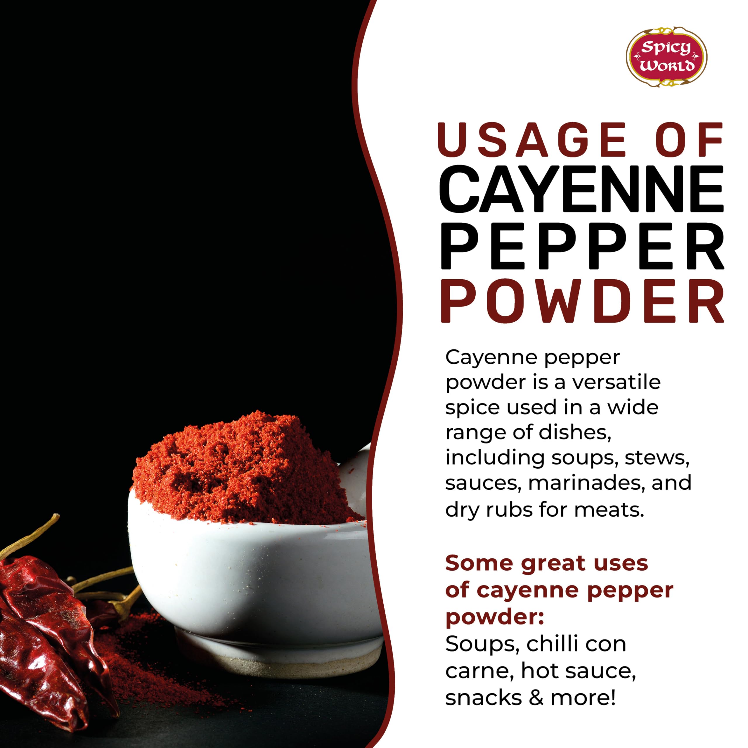 Spicy World cayenne powder on a spice rack for cooking versatility.