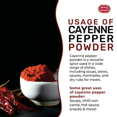 Spicy World cayenne powder on a spice rack for cooking versatility.