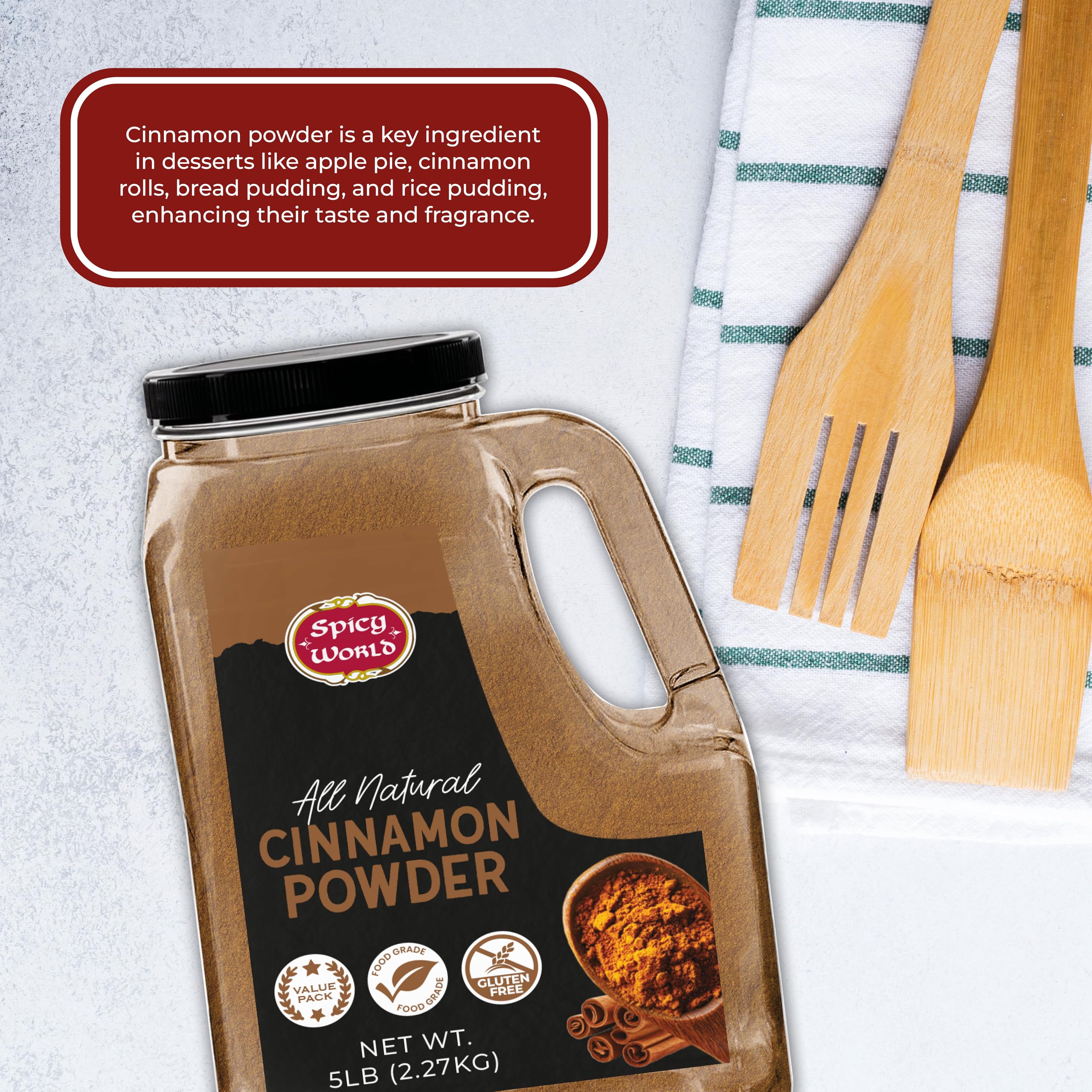 Spicy World Cinnamon Powder bulk jar on a shelf highlighting bulk value.