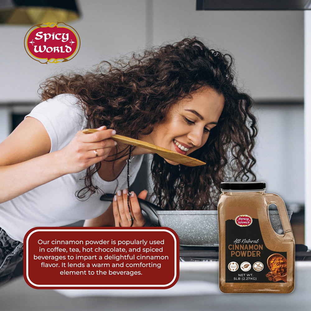 Spicy World Cinnamon Powder with a coffee cup highlighting a flavor boost.