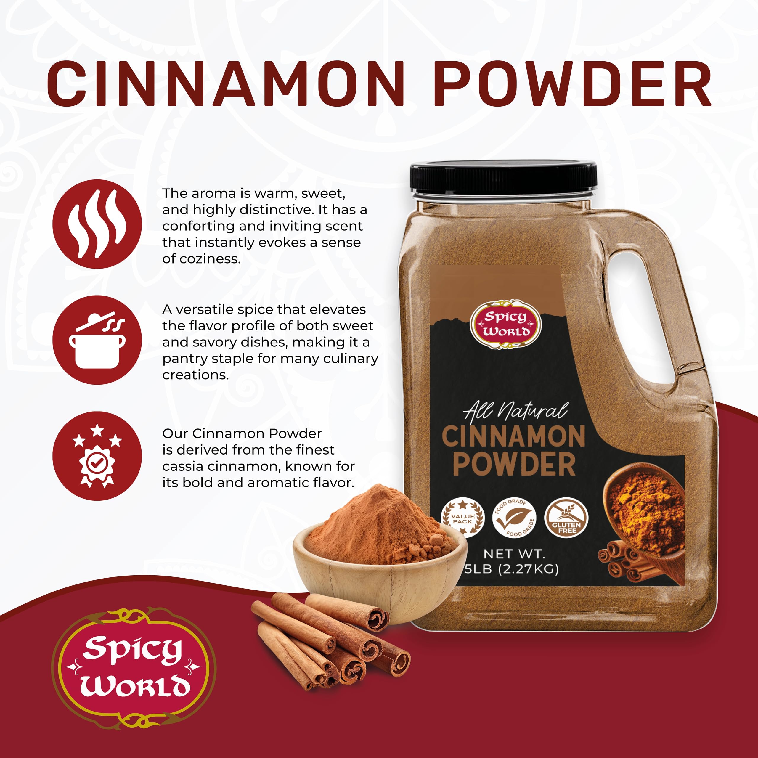 Spicy World Cinnamon Powder in a bowl ready for blending and seasoning.