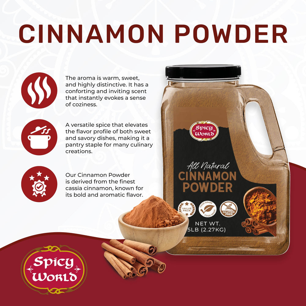 Spicy World Cinnamon Powder in a bowl ready for blending and seasoning.
