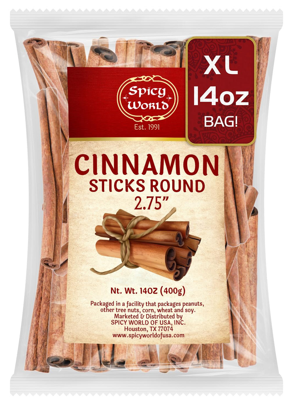 Spicy World cinnamon sticks 14oz bag image shows premium cassia sticks for baking.