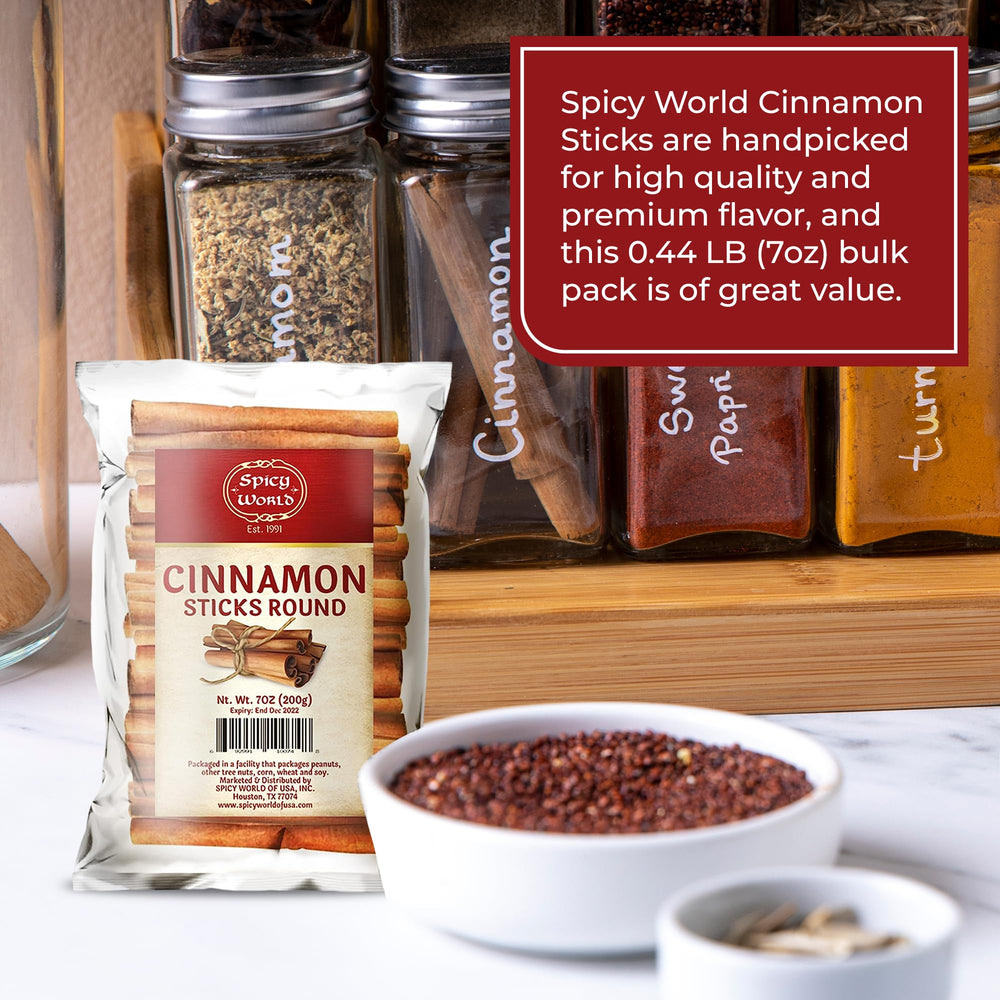 Spicy World cinnamon sticks, 36-44 sticks per bag, versatile pantry essential.