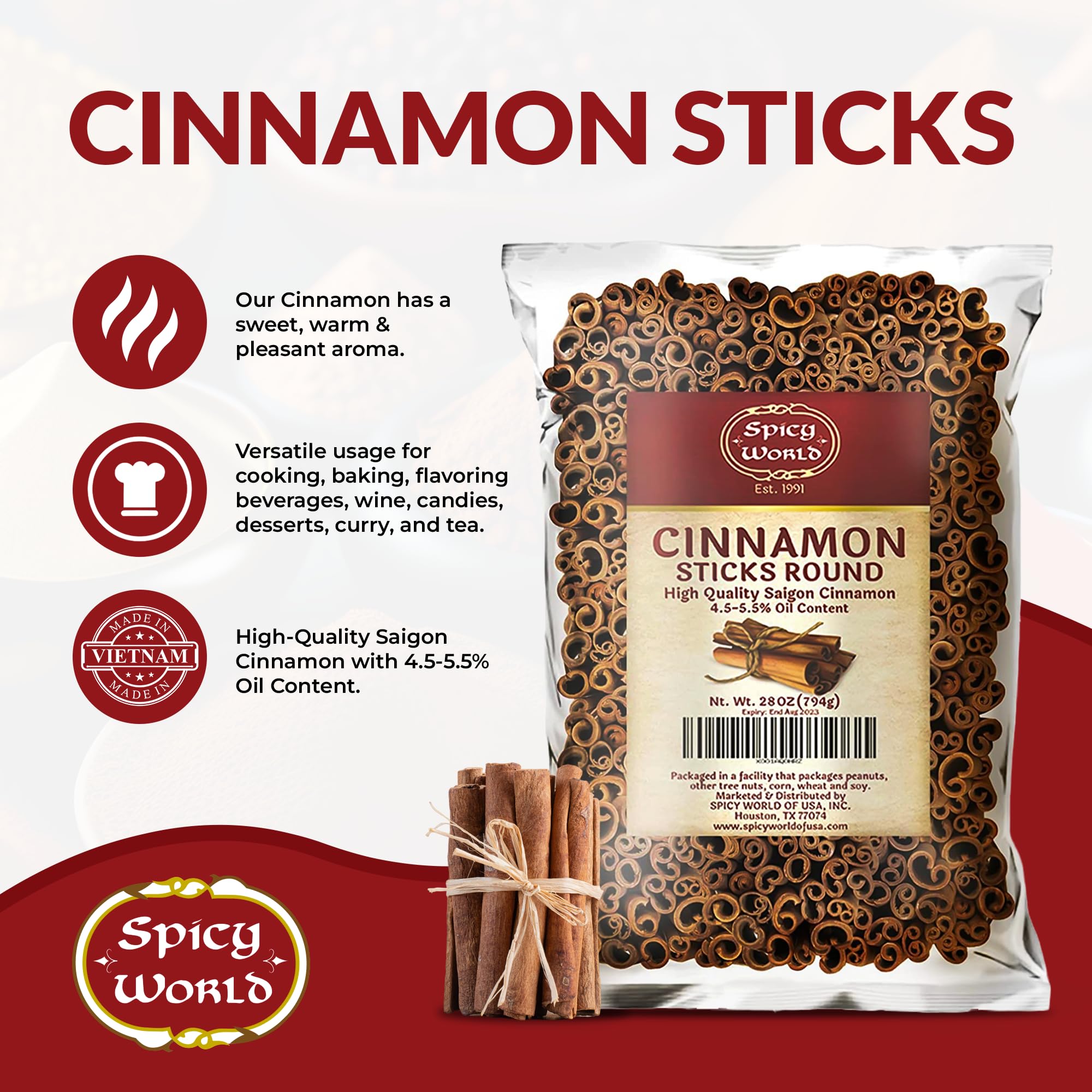 Spicy World 3in-plus length cinnamon sticks showcased for display and cooking.