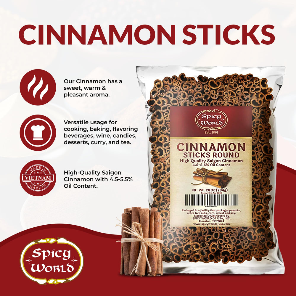 Spicy World 3in-plus length cinnamon sticks showcased for display and cooking.