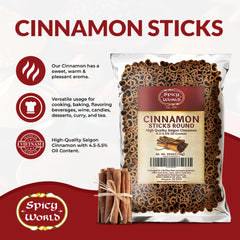 Spicy World 3in-plus length cinnamon sticks showcased for display and cooking.