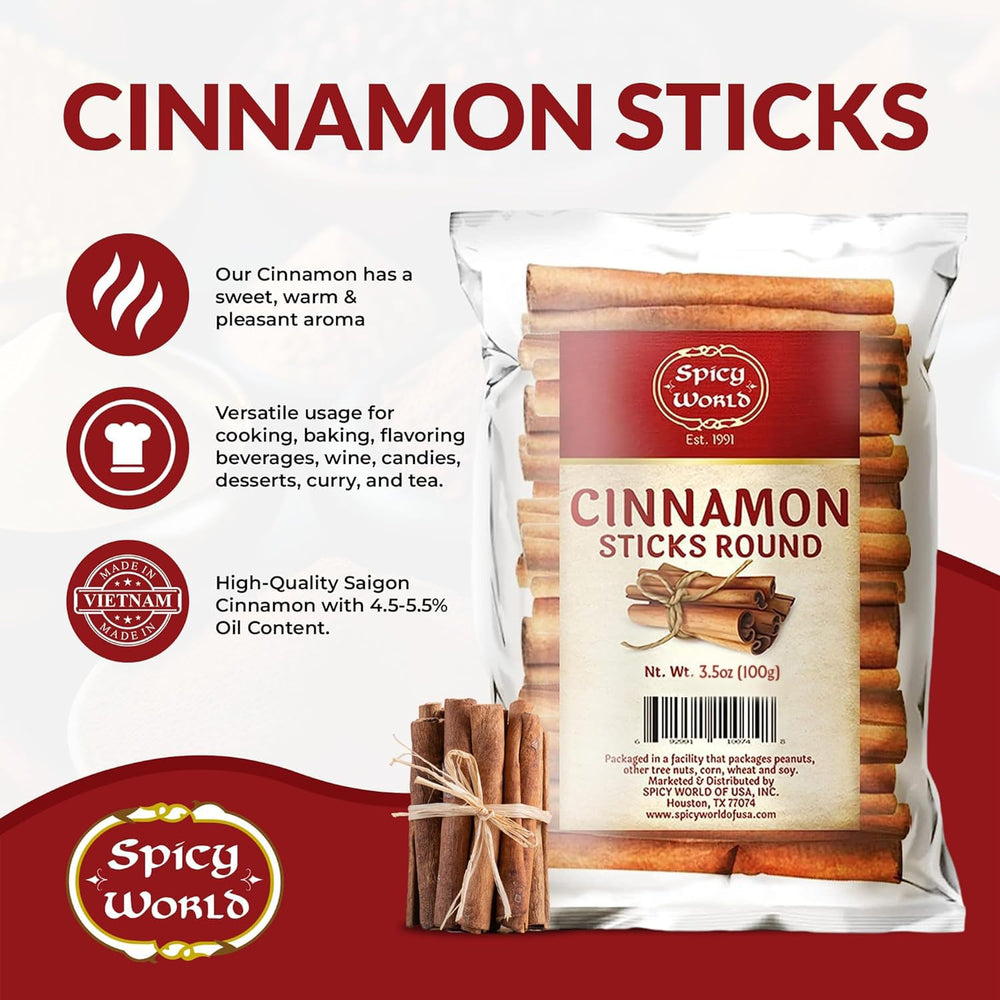 Spicy World cinnamon sticks, 3+ inches, perfect for infusions.