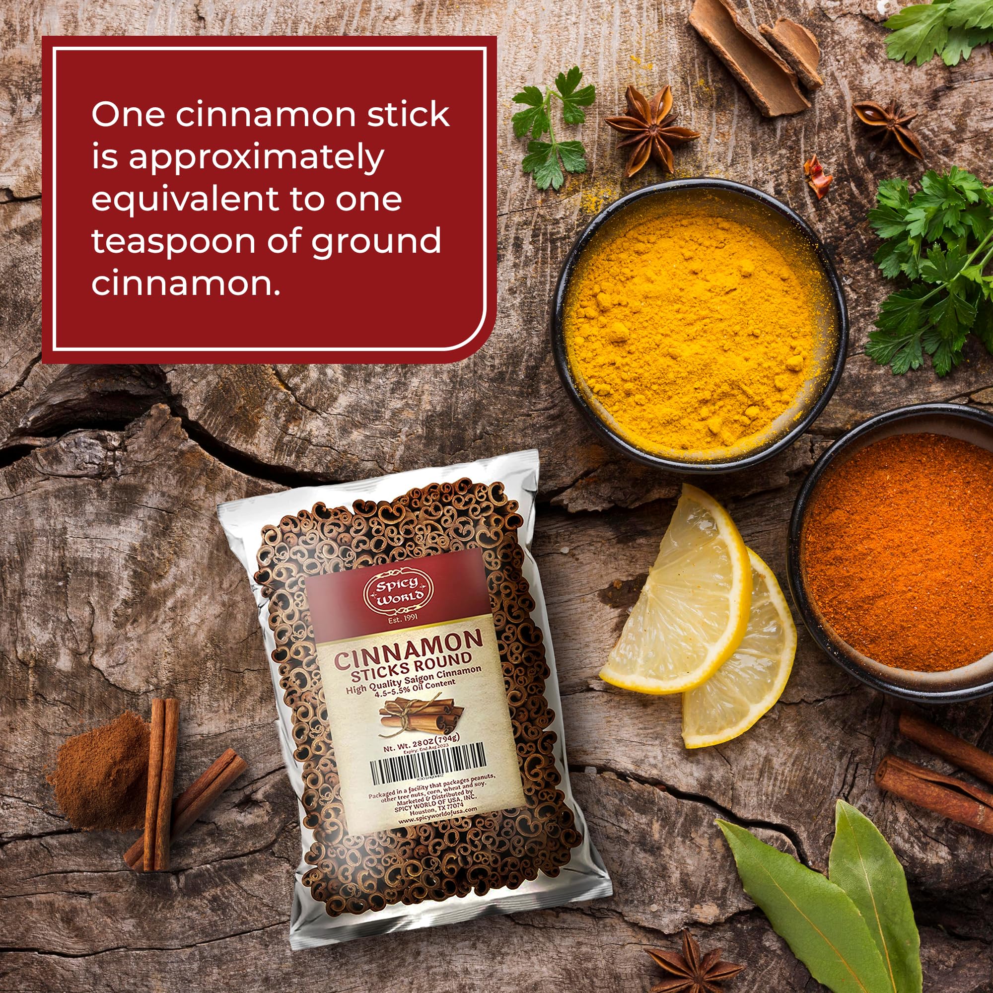 Spicy World cinnamon sticks for crafts and candies, easy to use.