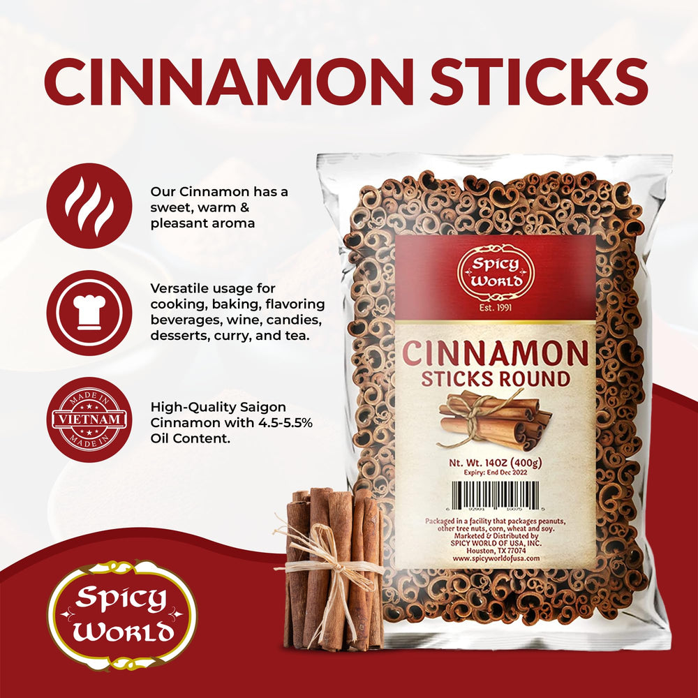 Spicy World cinnamon sticks strong aroma close-up highlights flavorful spice for beverages and desserts.
