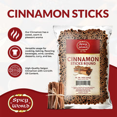 Spicy World cinnamon sticks strong aroma close-up highlights flavorful spice for beverages and desserts.