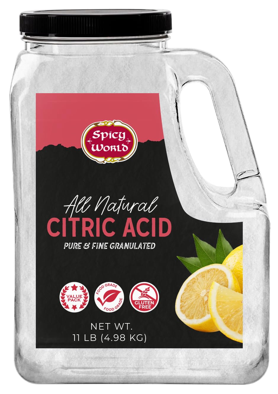 Spicy World citric acid 11 lb bulk jar shown for bulk storage and easy dispensing.