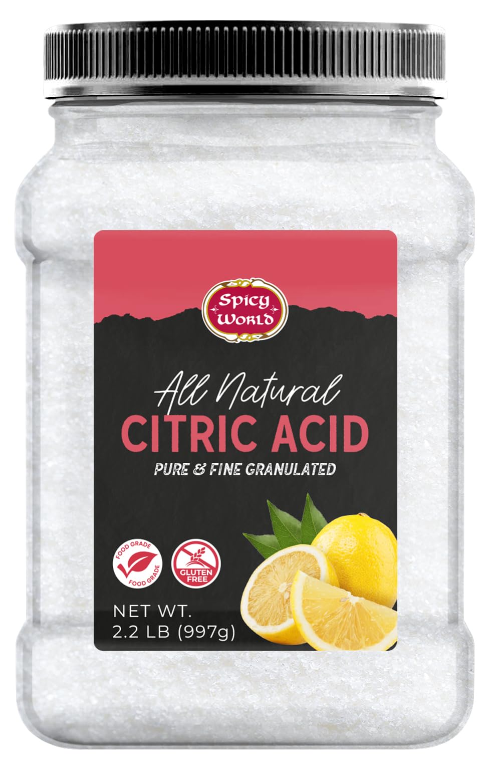 Spicy World citric acid jar front view for versatile cleaning and flavoring applications.