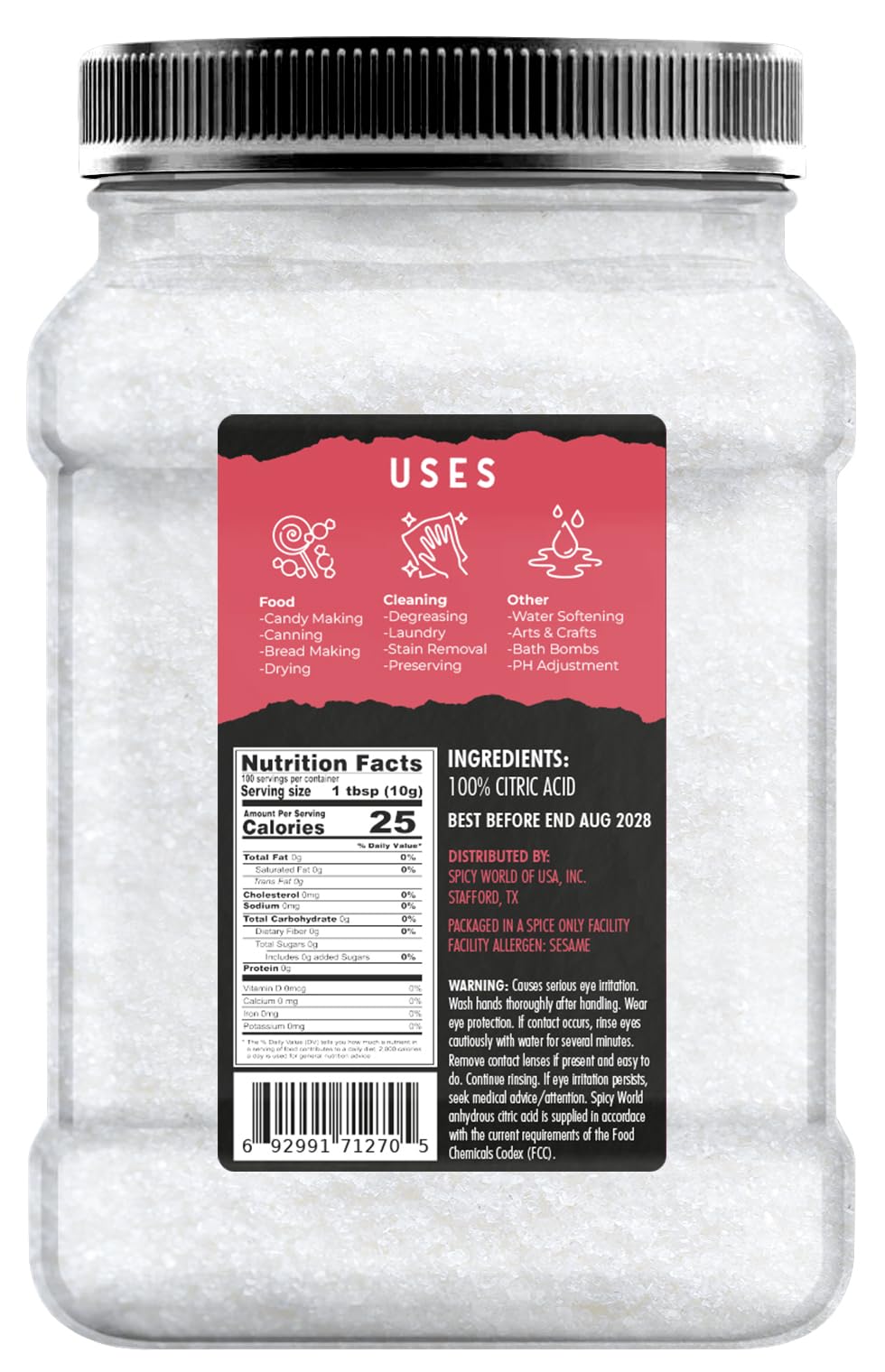 Spicy World citric acid jar label closeup highlighting quality packaging for safe storage.
