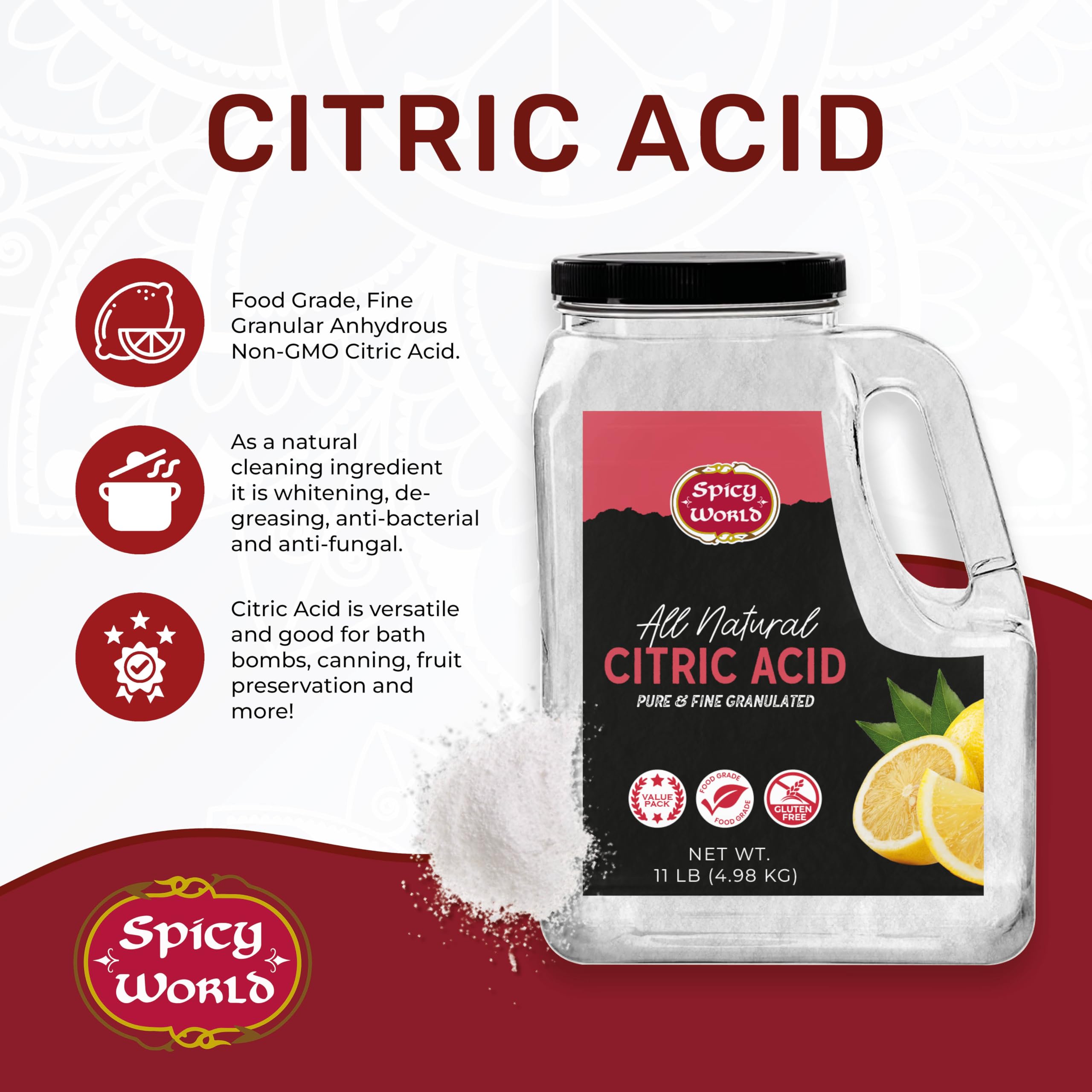 Spicy World citric acid used in kitchen tasks like canning and preserving.