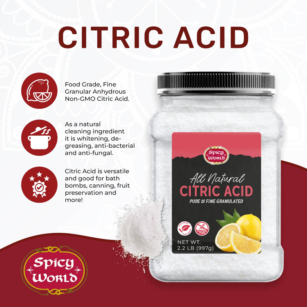 Closeup of Spicy World citric acid powder texture for cooking and cleaning.
