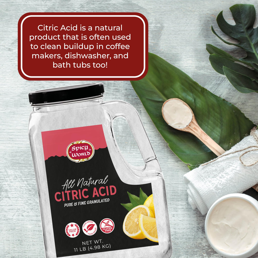 Spicy World citric acid storage jar on shelf highlighting bulk-friendly packaging.