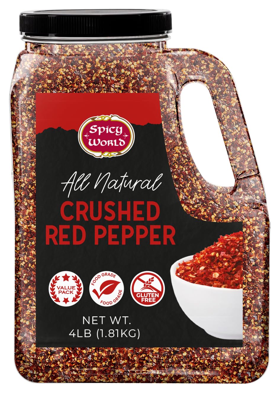 Spicy World crushed red pepper flakes front label for pure heat in pasta and pizzas