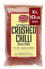 Spicy World crushed red pepper flakes bulk pack front view adds bold flavor to pizzas.