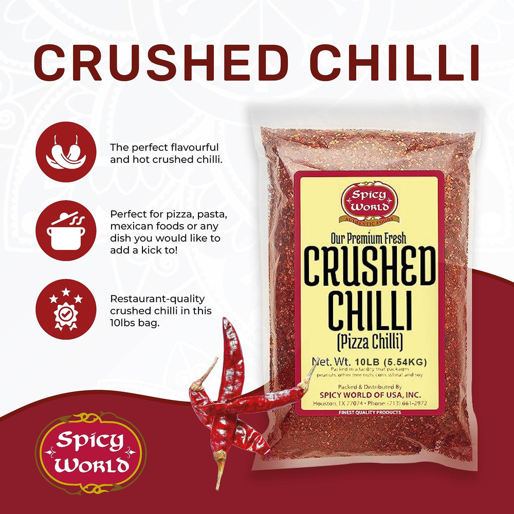 Spicy World crushed red pepper flakes close-up texture shows crisp heat for dishes.