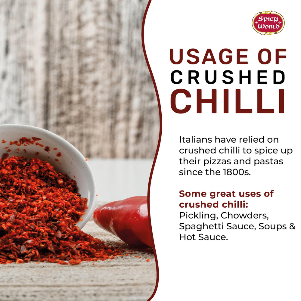Spicy World crushed red pepper flakes close-up shows fine texture for consistent flavor