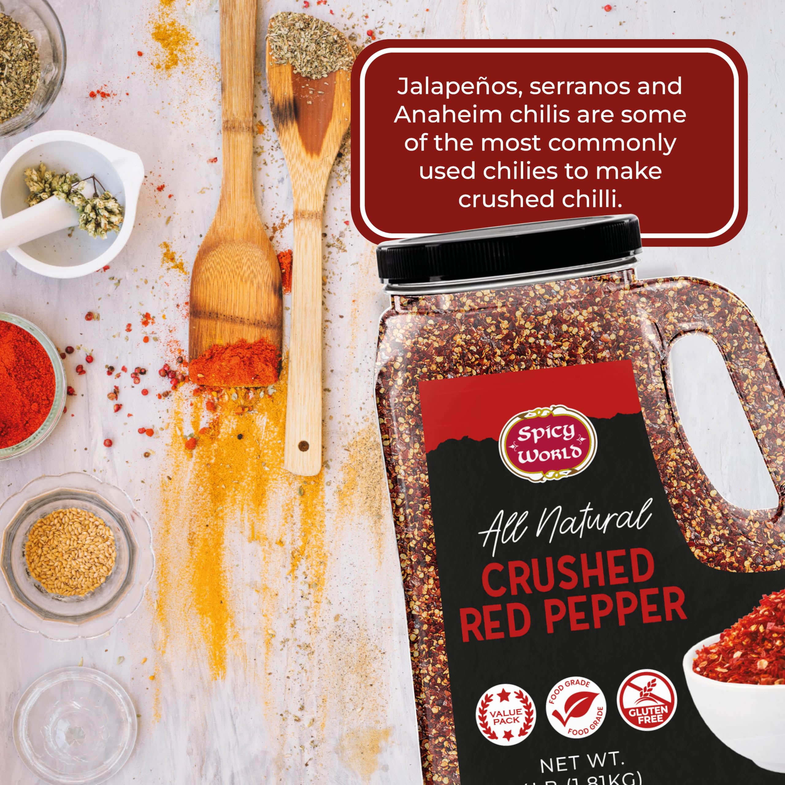 Spicy World product shot shows 4 lb bulk jar ready for chefs and families