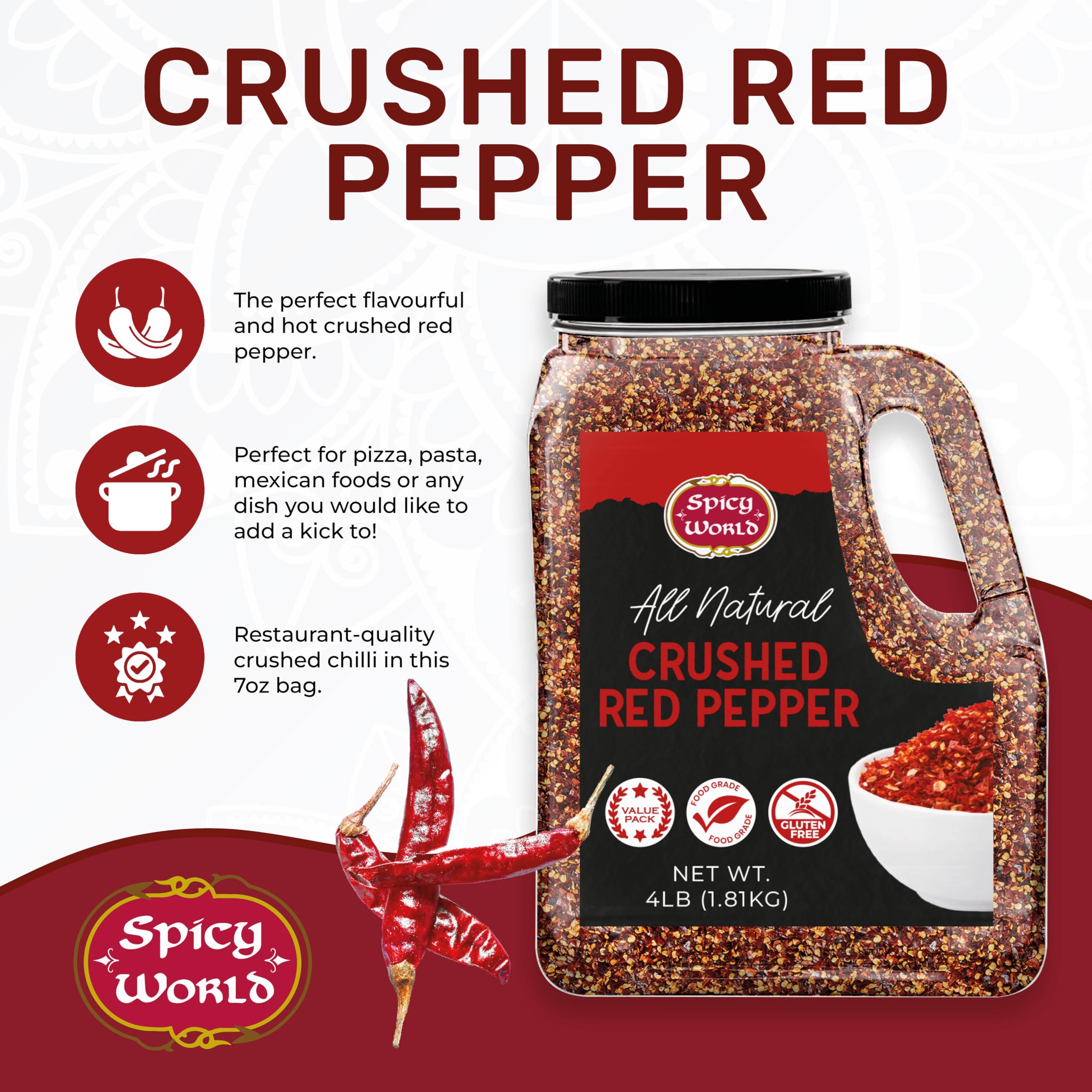 Spicy World crushed red pepper flakes close-up to emphasize seeds and vibrant chili color