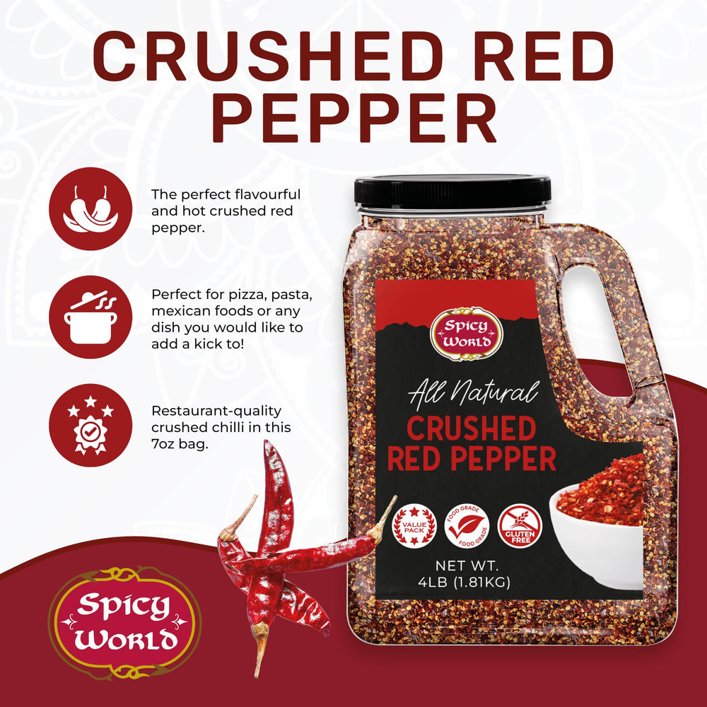 Spicy World crushed red pepper flakes close-up to emphasize seeds and vibrant chili color