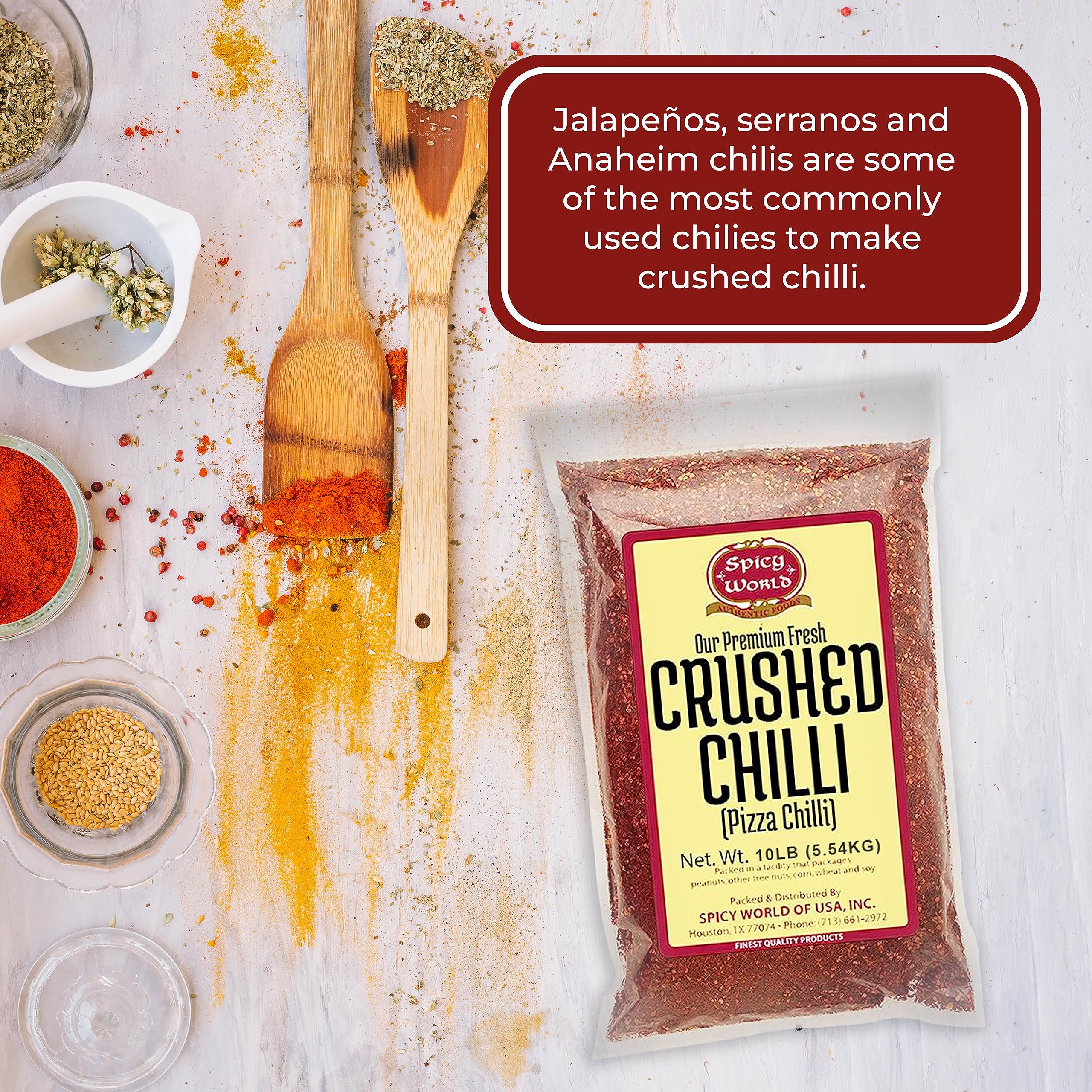 Spicy World label shows 10 lb bulk packaging suitable for chefs.