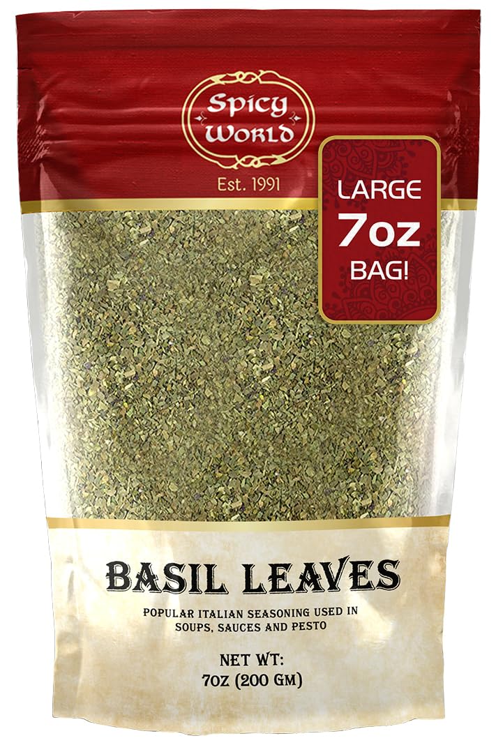 Spicy World dried basil leaves 7oz pack shown in a resealable pouch for freshness.