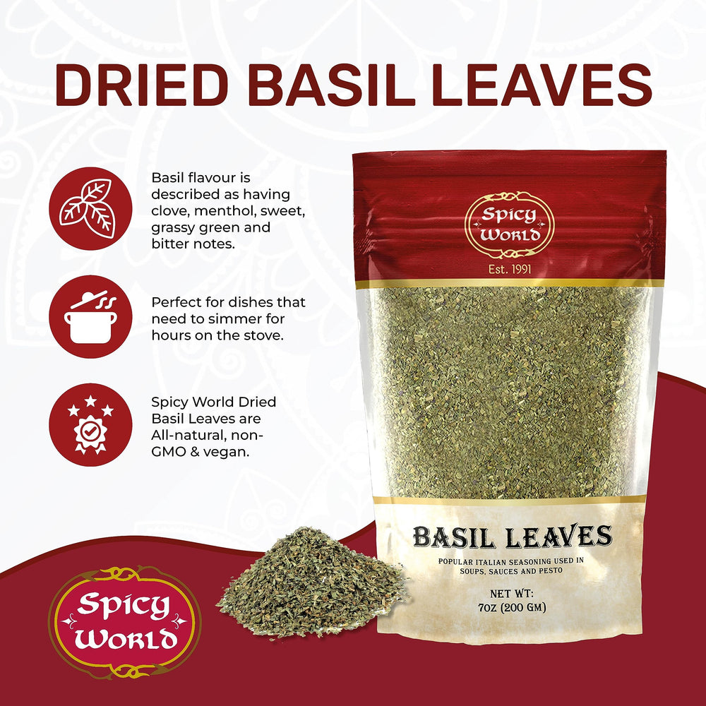 Spicy World dried basil leaves closeup reveals vibrant green color and aroma.