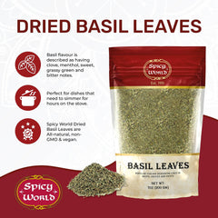 Spicy World dried basil leaves closeup reveals vibrant green color and aroma.