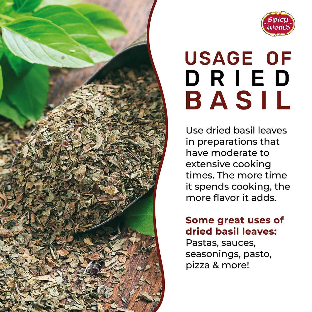 Spicy World dried basil leaves ready to elevate sauces and pasta.