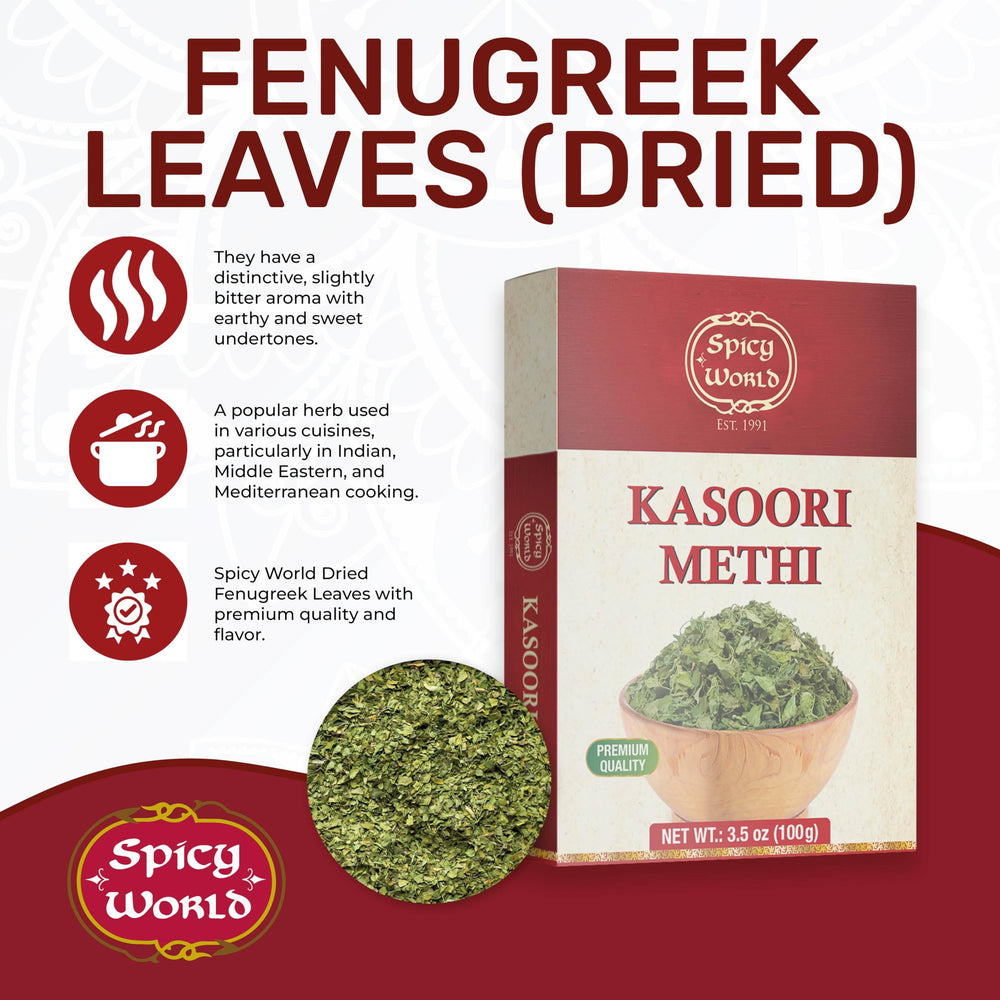 Spicy World dried fenugreek leaves packaging side view with premium quality