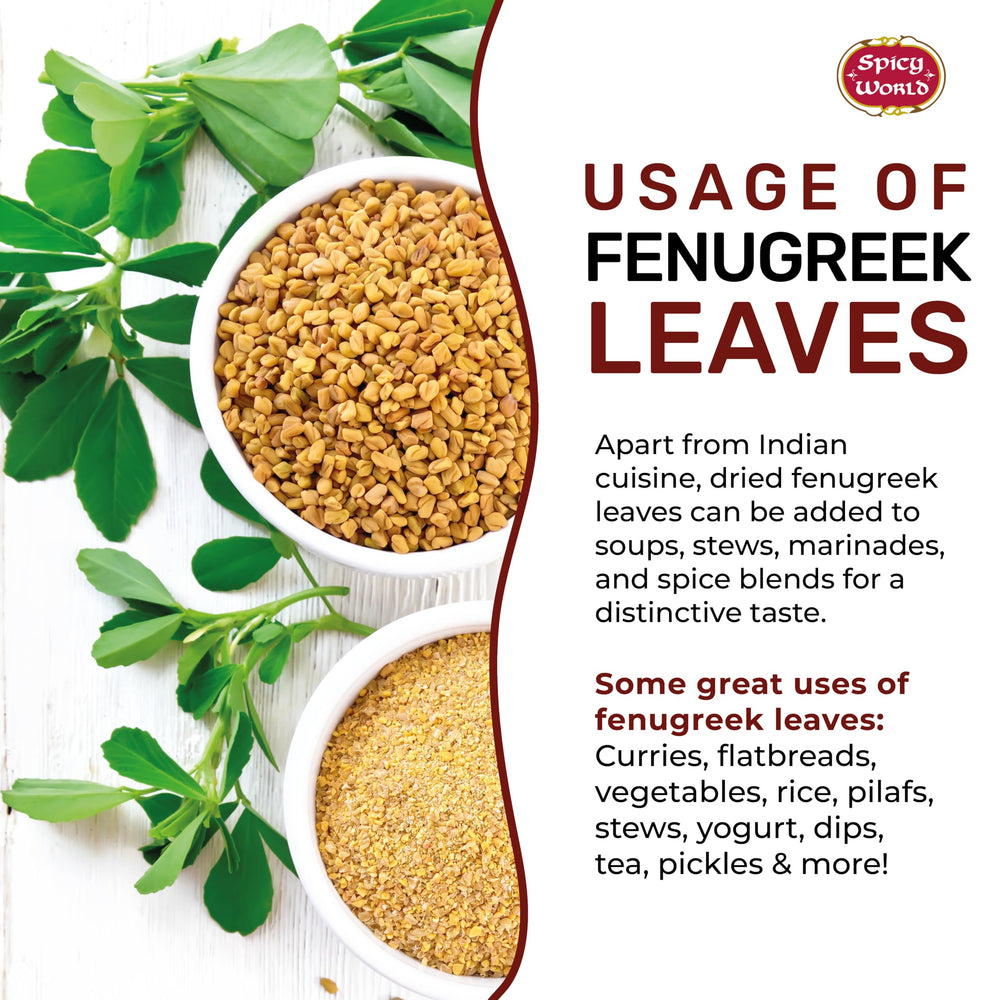 Spicy World dried fenugreek leaves with spice scoop for prep