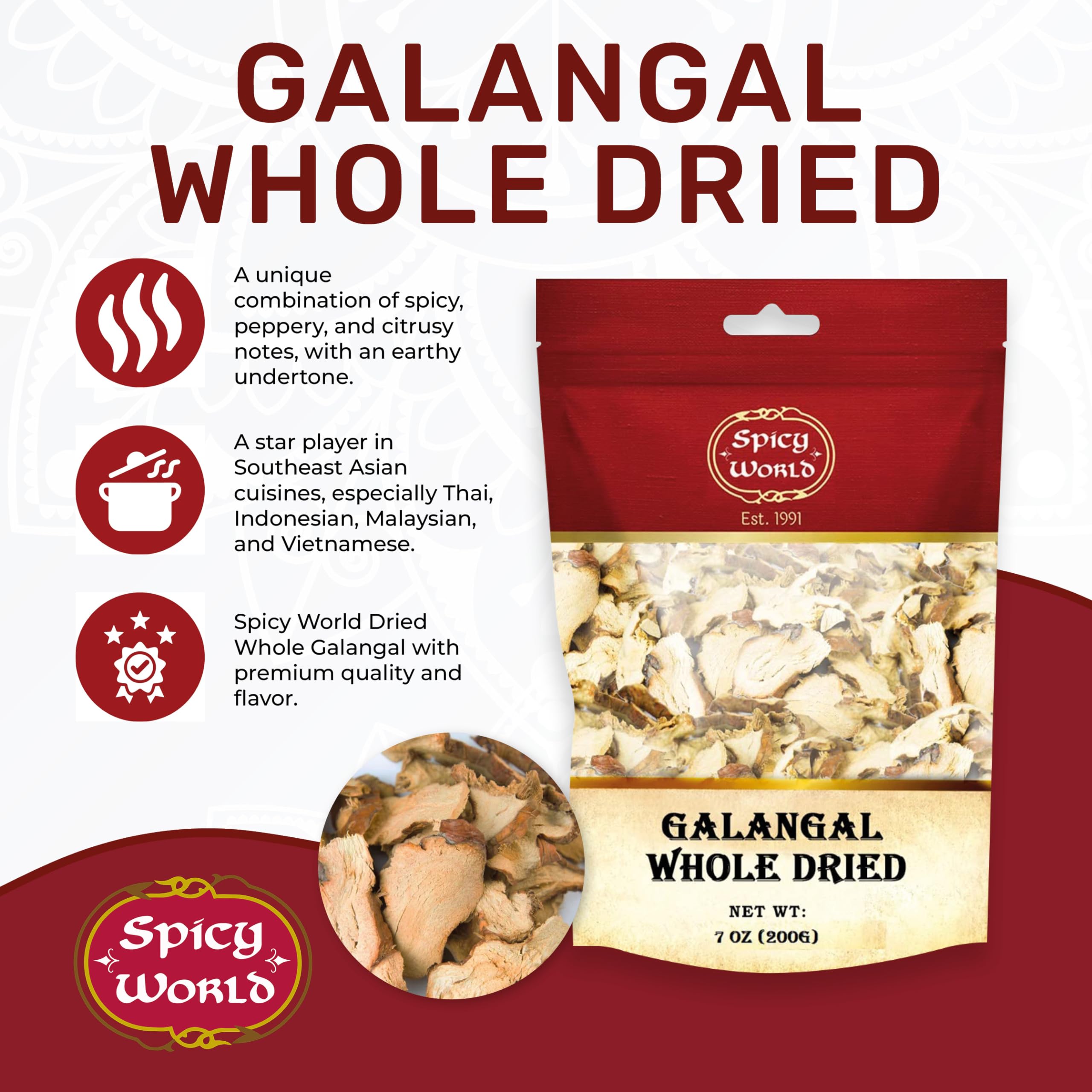 Closeup of Spicy World dried galangal slices for authentic aroma