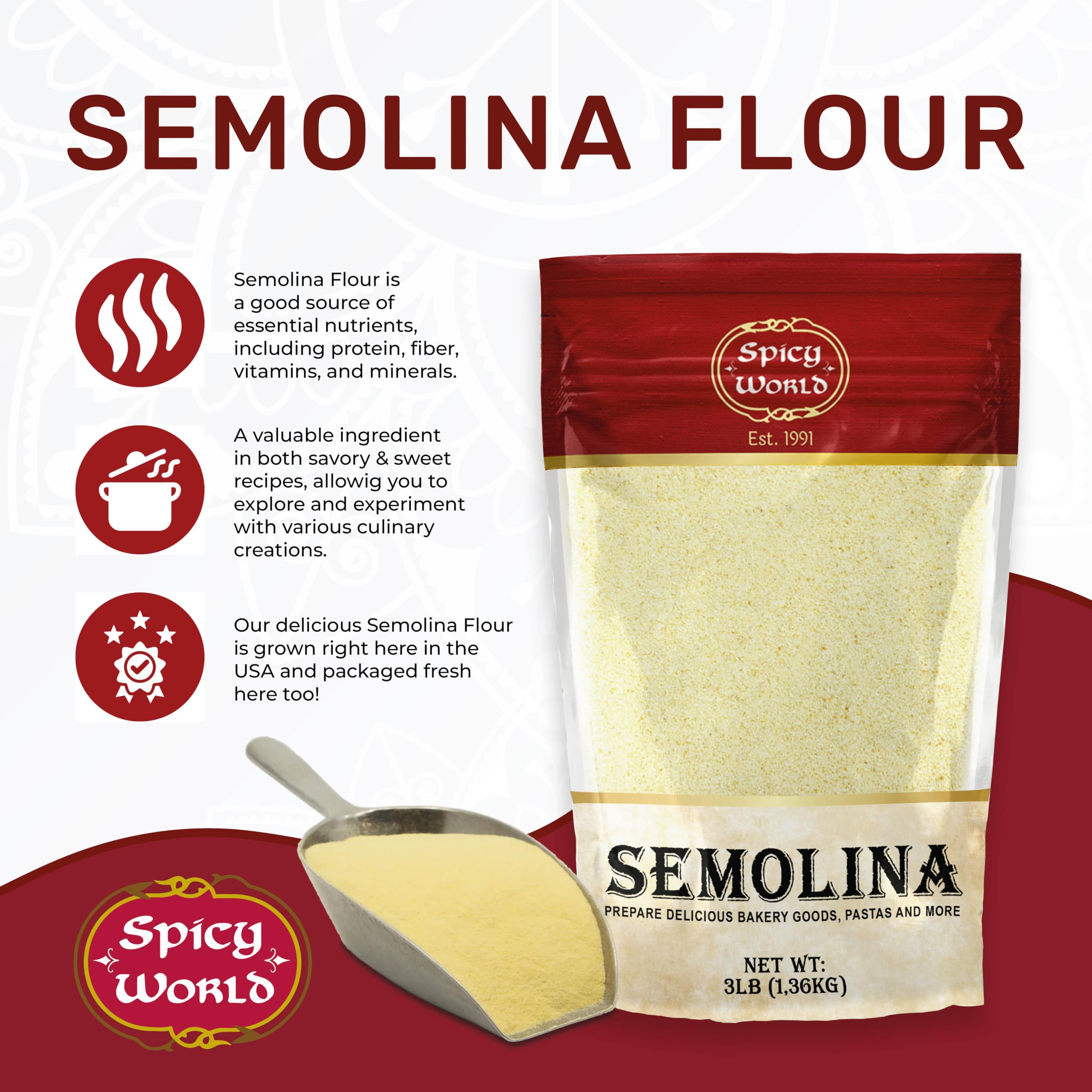Spicy World fine-ground durum semolina flour perfect for doughs.