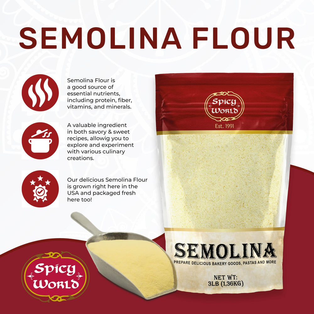 Spicy World fine-ground durum semolina flour perfect for doughs.