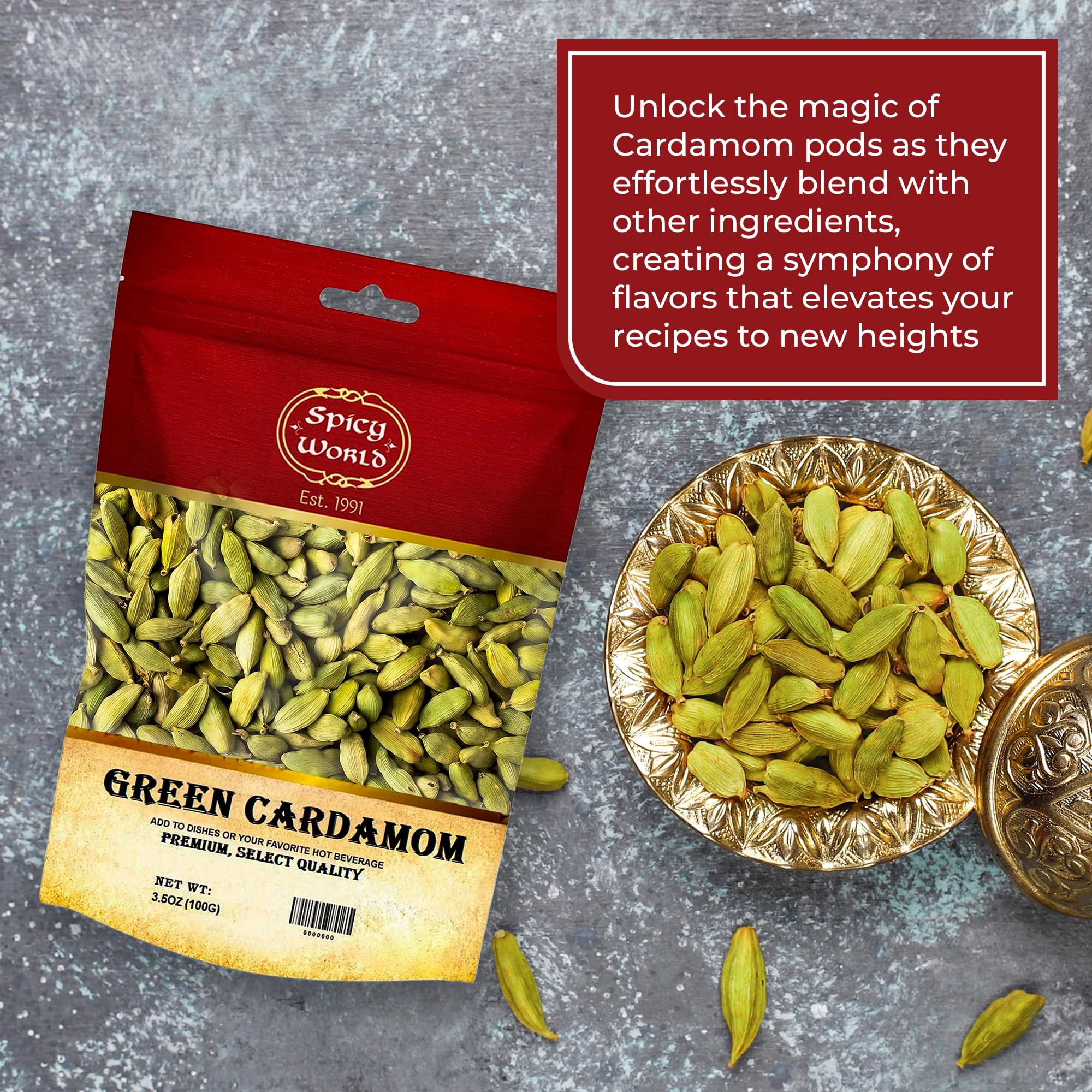 Spicy World elaichi pods on a spice shelf ready for cooking