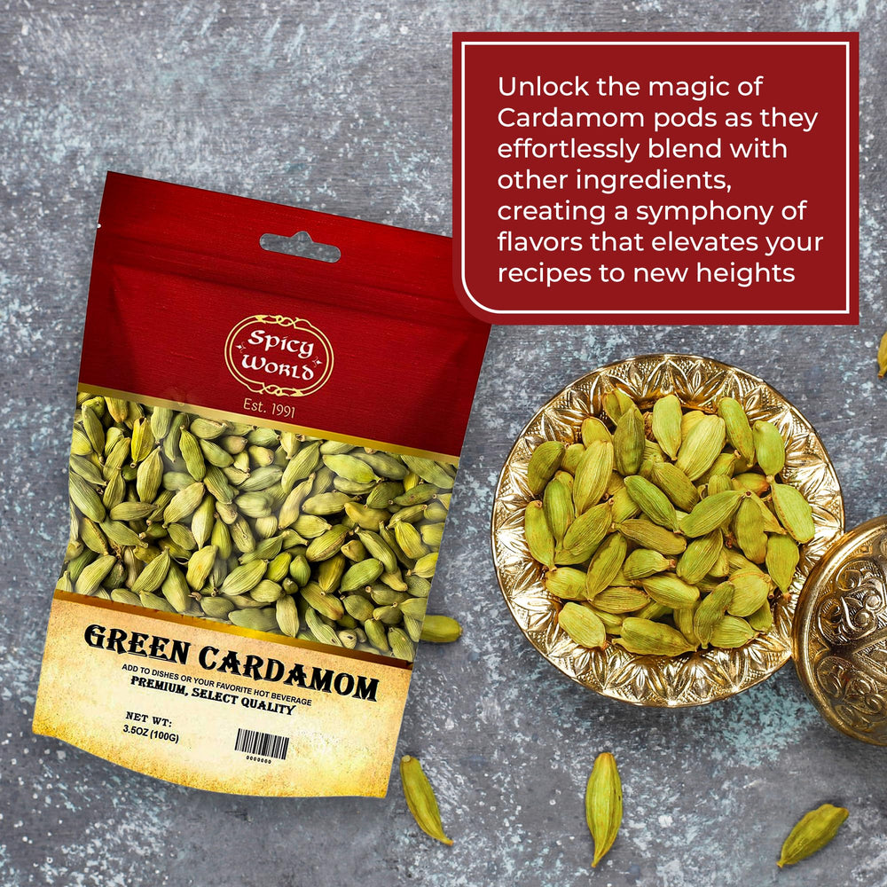 Spicy World elaichi pods on a spice shelf ready for cooking