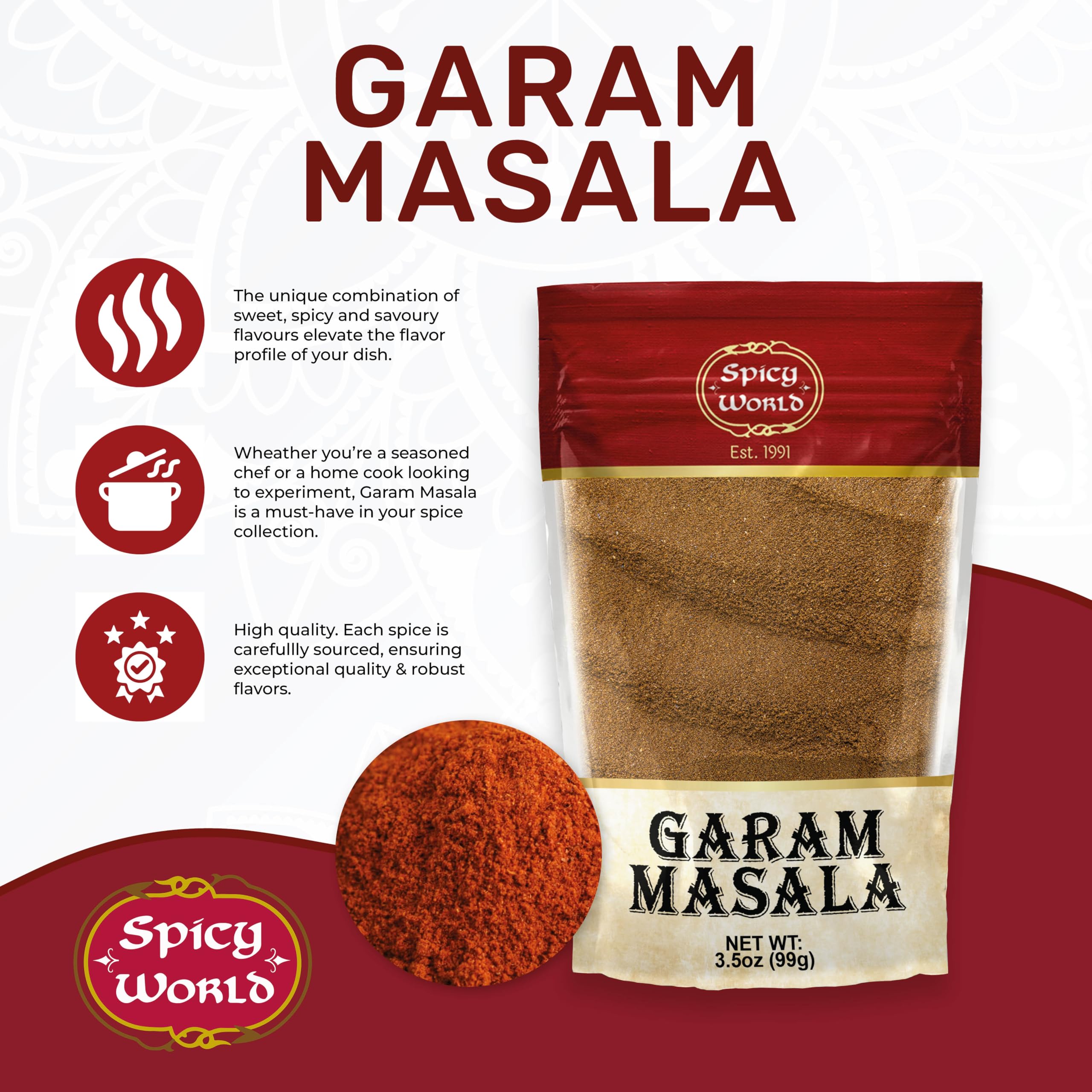 Spicy World Garam Masala green cardamom visible for premium flavor.