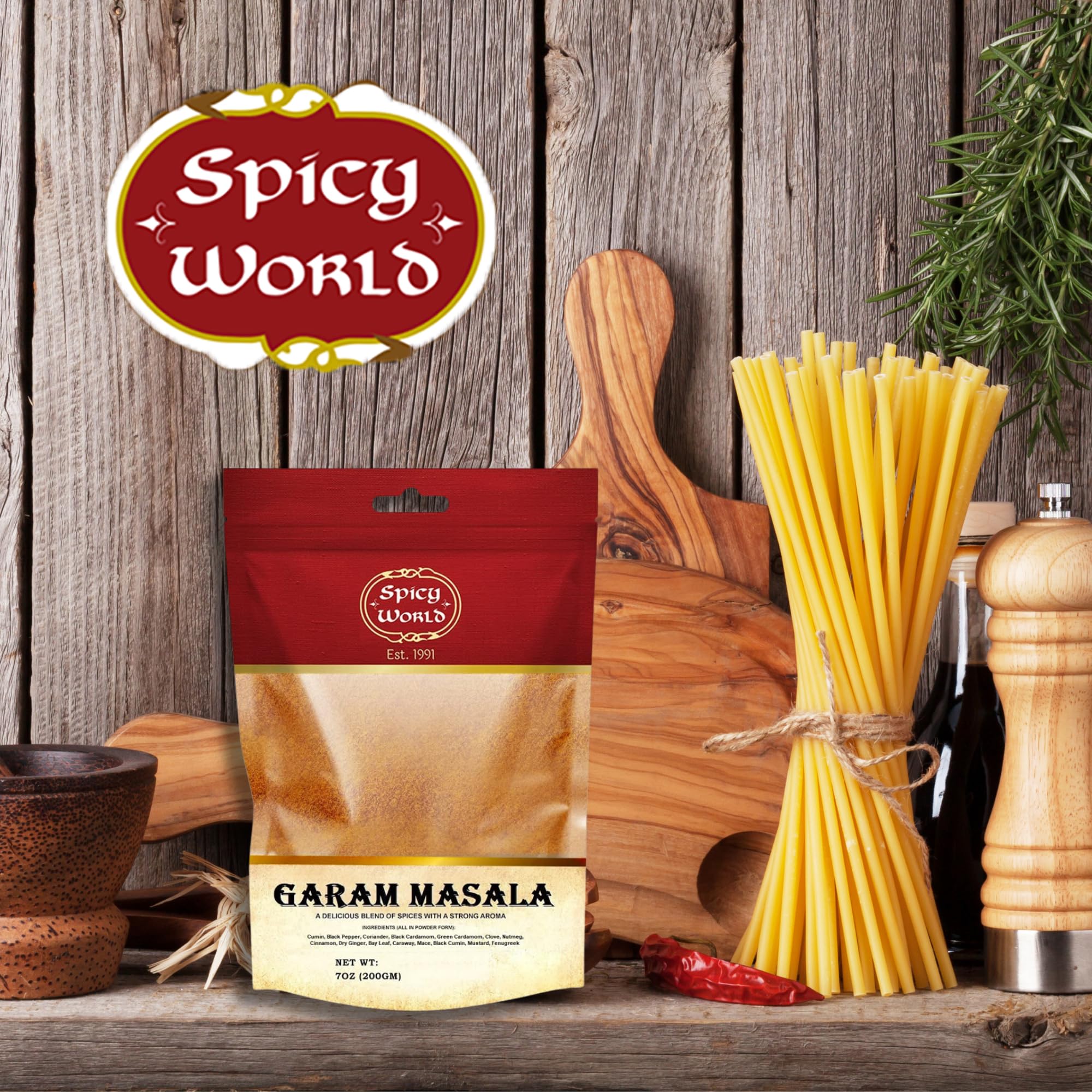 Spicy World garam masala kitchen scene illustrating Indian origin.